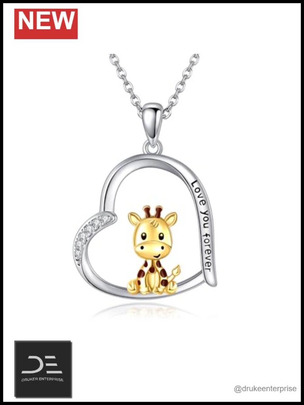 Sterling Silver Giraffe Heart Pendant Necklace 18" Adjustable Charm Jewelry